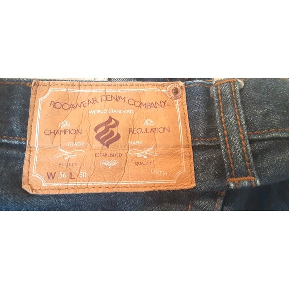Rocawear Denim Jeans Mens 36x30 Dark Blue Straight Fit Speckled Leg 5 Pocket - Picture 7 of 10
